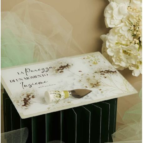 Tagliere in vetro con coltellino decoro verde (cl26032c)