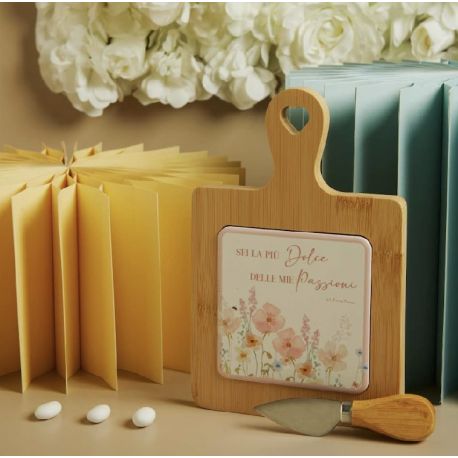 Tagliere acacia decoro floreale rosa con coltellino (cl26084c)