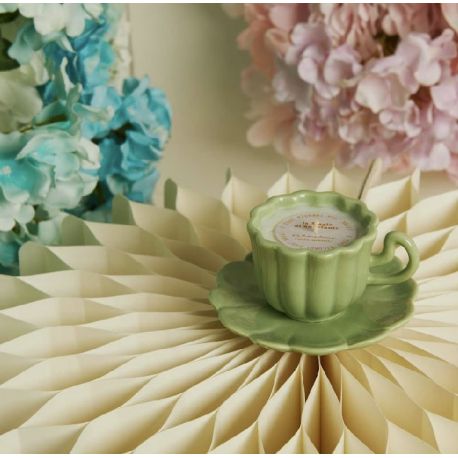 Candela in tazza con piattino in porcellana verde (cl26223)